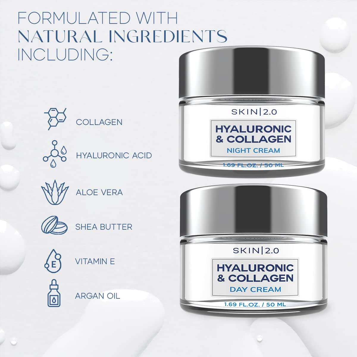 Hyaluronic Acid & Collagen Day & Night Face Moisturizer - Dermatologist Tested, Hydrating, Anti-Aging, Clean Beauty, Cruelty-Free, Korean Skincare for All Skin Types - 1.69 Fl oz (2-Pack)