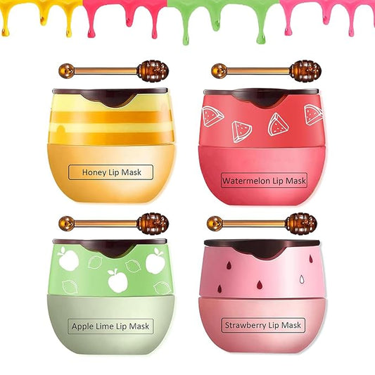 4 PCS Bee Lip Balm Honey Pot,Strawberry&Honey&Watermelon&Apple Lime Lip Sleeping Mask,Hydrating Prevention Dry and Cracked Lip Scrubs Exfoliator Lip Care,Moisturizing Lip Mask Overnight