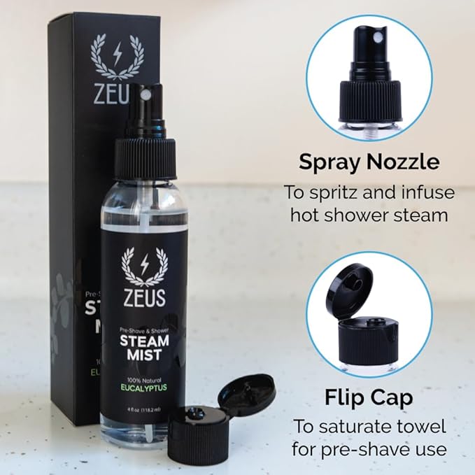 ZEUS 100% Natural Eucalyptus Oil Steam Mist, Aromatherapy Spray for Shower, Sauna, Bath & Pre-Shave, Nasal Relief & Spa-Inspired Refreshment (Made in USA) 4 oz.