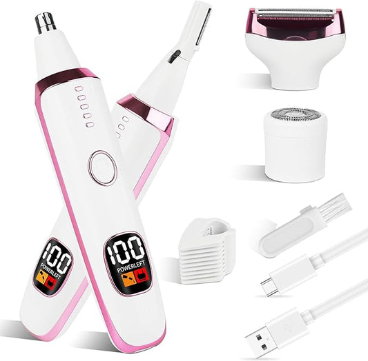 2025 Rechargeable Nose and Ear Hair Trimmer with LED Dispaly for Women Men,4 in 1 Painless Eyebrow & Facial Hair Trimmer with Powerful Motor,Ladies Wet & Dry Electric Razor (White)