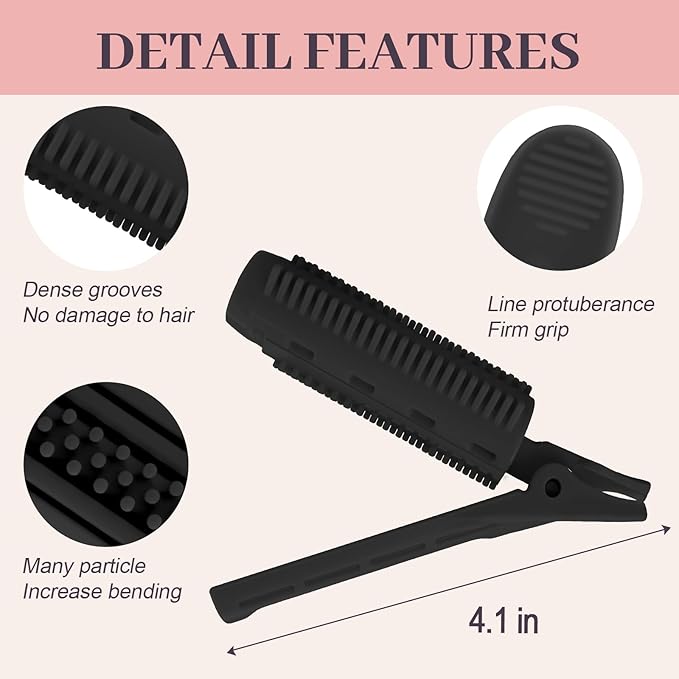 4PCS Volumizing Hair Clips for Root Lift & Volume - Instant Bangs Roller Clips for Effortless Curls & Lift - Velcro Rollers For Hair - Hair Rollers For Women - Black
