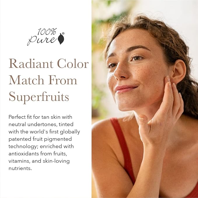 100% PURE Healthy Foundation Full Face Coverage Makeup, Liquid Matte Finish with Anti-Aging Benefits - Vegan Gorgeous Fruit Pigmented Toffee Color (Tan with Neutral Undertone) - 1 Fl Oz