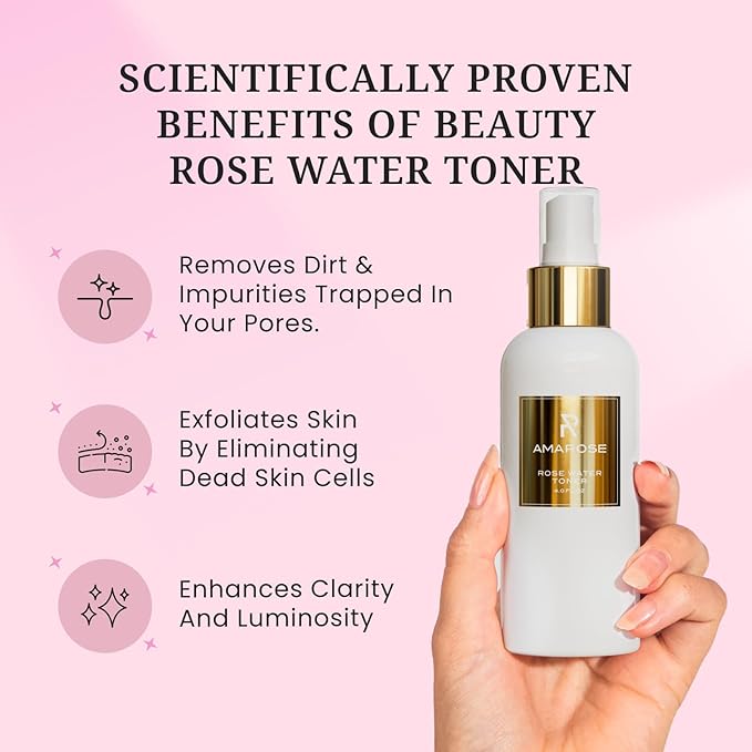 Amarose Rose Water Spray - Revitalizing, Facial Toner - Water for Face - Rose Water Toner - All Skin Types - Hydrating- Rosewater, Spray, Mist with Hyaluronic Acid