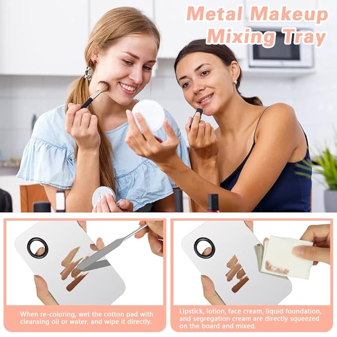 3PCS Makeup Mixing Palette, Stainless Steel Cosmetic Makeup Palette With Spatula Makeup Artist Tool, Professional Cosmetic Mixing Makeup Palette For Mixing Eye Shadow/Eyelash/Nail Art/Foundation