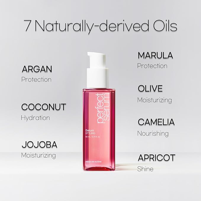 Mise En Scene Perfect Styling Serum for Heat Damage Protection - Hair Serum for holding Bounce, Hair Essence for Long Lasting Curl, Powdery Scent, with Argan Oils, 2.70 fl. Oz