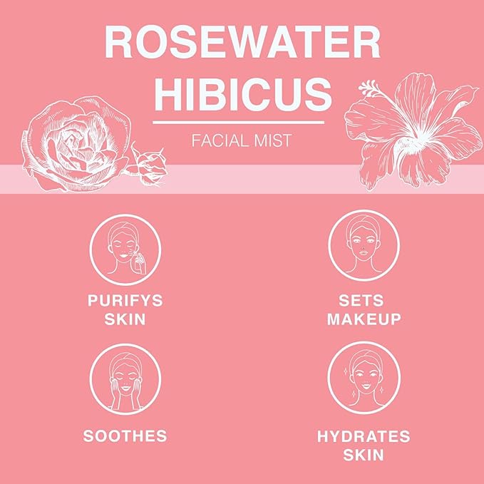 Rose Water Spray for Face & Body Refreshment with Moisturizing Hyaluronic Acid and Hibiscus water | Instant Hydration, Cooling, Calming & Conditioning (8 FL OZ)