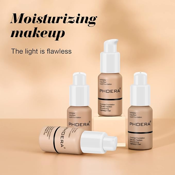 PHOERA Foundation Full Coverage Liquid Foundation Cream - Long-lasting Lightweight Concealer - Oil-Free Formula - Natural Shade - Suitable for All Skin Types (Nude #102)