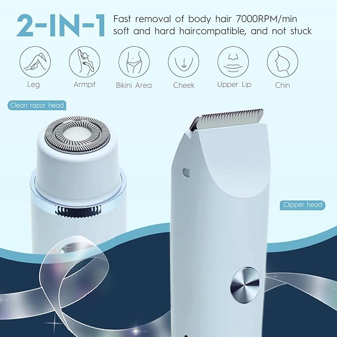 2025 Upgraded Dermave Bikini Shaver - 2 in 1 Bikini Trimmer for Women with LCD Display, Dual Head Cordless Electric Shaver, IPX7 Waterproof Wet/Dry Body Hair Trimmer for Face,Blue