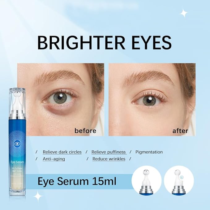 5% Caffeine Eye Serum with 360° Massage Rollerball Topper,Caffeine Eye Cream for Dark Circles,Wrinkles,Puffiness and Fine Lines,Under Eye Roller Cream Eye Bags Treatment for Women and Men