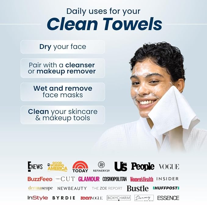 Clean Skin Club Clean Towels XL™, 100% USDA Biobased Dermatologist Approved Face Towel, Disposable Clinically Tested Face Towelette, Facial Washcloth, Makeup Remover Dry Wipes, 300 ct, 6 pack