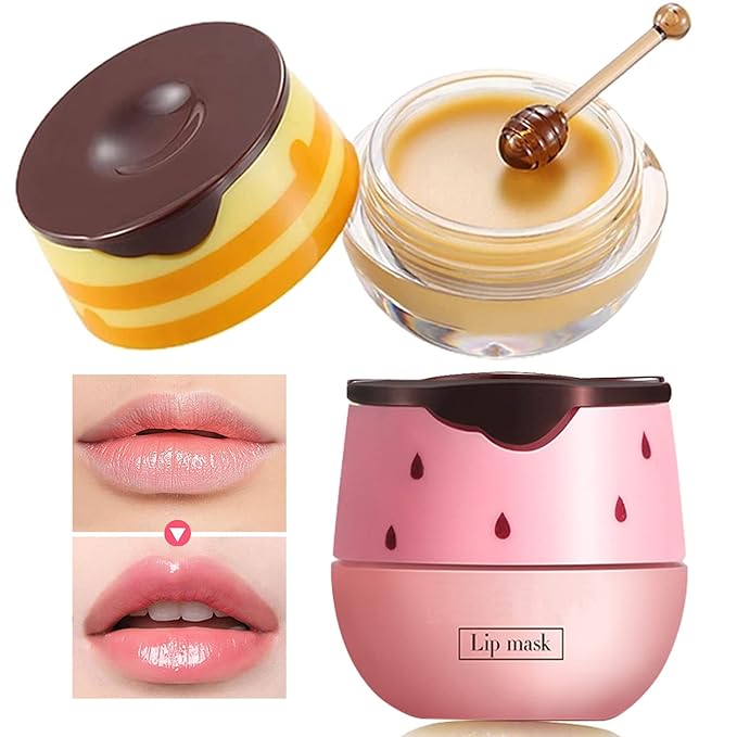4PCS Bee Lip Balm Lip Mask Honey Pot,Honey & Strawberry Lip Mask Propolis Moisturizing Lip Balm with Stick - Hydrating Prevention Dry & Cracked Lip Scrubs Exfoliato Lip Wrinkle Care(Honey&Strawberry)
