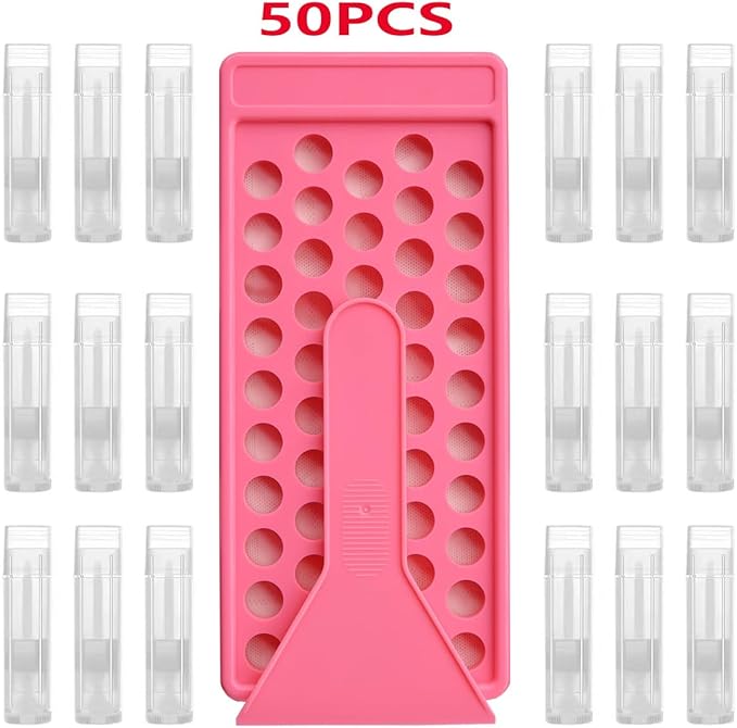 50 Lip Balm Container Kit with Filling Tray and Spatula, Round Tube Refillable Empty Tube 3 Colors, 0.15 oz, BPA Free, for DIY Homemade Lipstick Lipstick (50 translucent kits,)