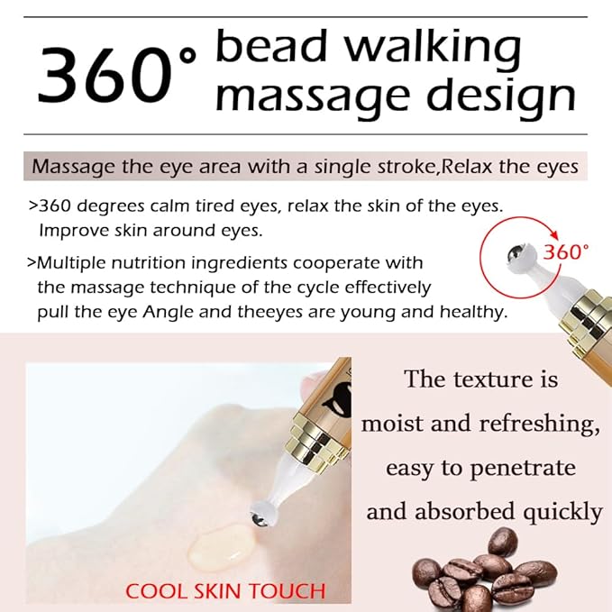 Caffeine Eye Serum Anti Aging, Retinol Eye Serum with 360° Massage Ball for Dark Circles and Puffiness, Deeply Moisturizing, Firms and Lifts Eye Skin, Enhance Skin Elasticity, Smooth Fine Lines