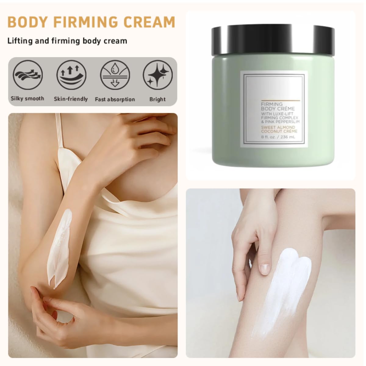 Champagne Lift Body Creme,lift firming body creme, with Luxe-Lift Firming Complex & Pink Pepperslim,Deep Hydration & Smoothing, Hydrates Dry Skin Arms & Legs(Sweet Almond Coconut)