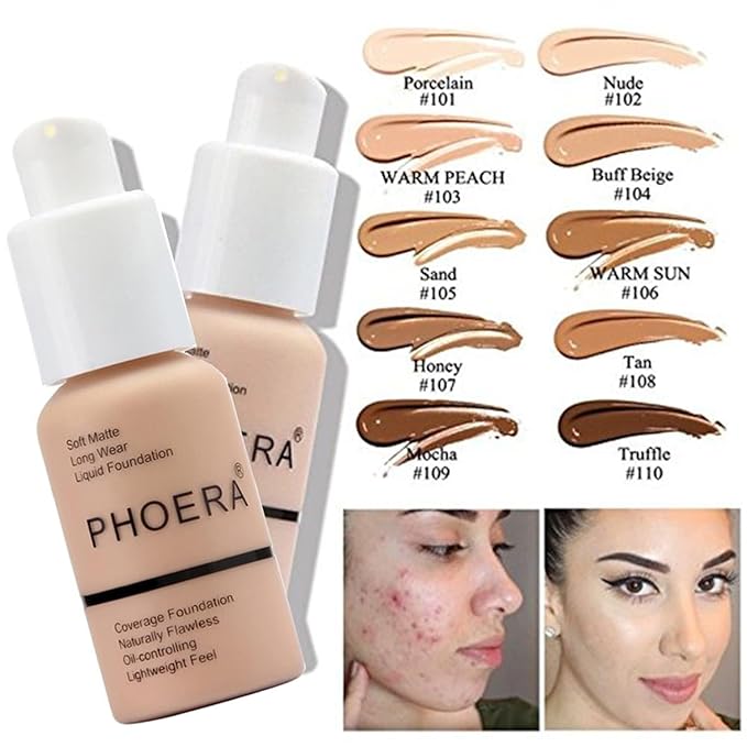 Phoera Foundation,Full Coverage Foundation,Hilareco Concealer Foundation Flawless 30ml Natural Matte Oil Control Concealer Facial Blemish for Women Girls (2 PCS 106 Warm Sun)