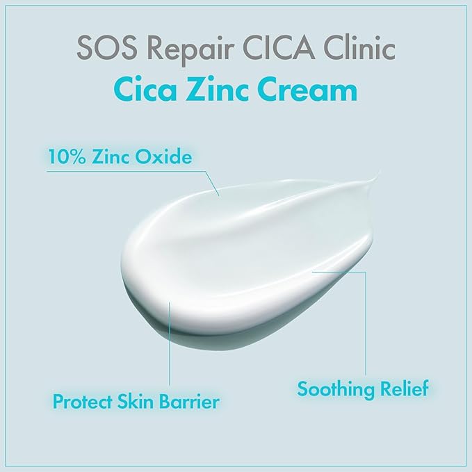 SOS Repair CICA Clinic Zinc Cream, 100,000ppm Zinc Oxide, Heal, Soothe Acne, Redness, Rosacea Treatment, Skin Barrier Repair, Moisture, Non-Comedogenic, Korean Skin care, 50g, 1.76 oz.