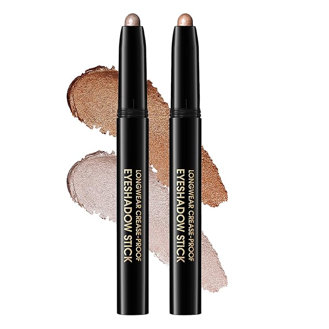 Eyeshadow Stick, Shimmer and Matte Cream Eye Shadow Brightener Sticks Eyeliner Pencil Crayon, Waterproof Long Lasting Eye Highlighter Stick Makeup,0.056 Oz(2PCS #1-Caramel+#9-Champagne)