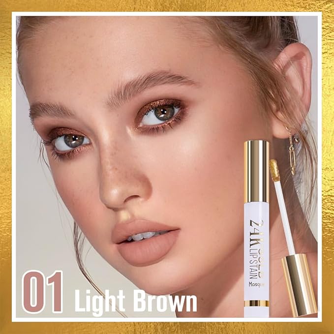 2Pcs 2025 New 24K Gold Liquid Lip Gloss Peel Off Lip Stain Tattoo with Tweezer, Lips Stain Peel Off Masque, Long Lasting Waterproof Lip Tint Stain, Transfer-proof for All Skin Types 01#+02#