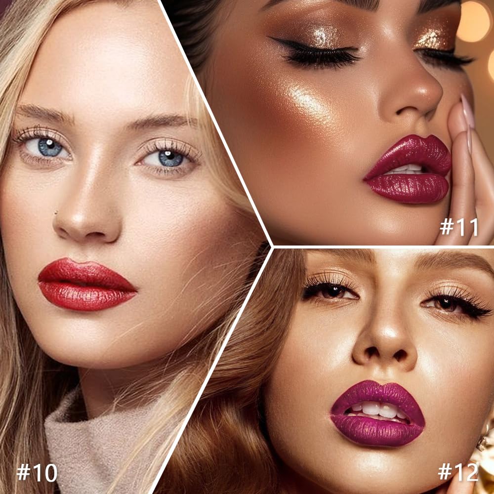 3Pcs Metallic Lipstick for Women,Lightweight Shimmer Frosted Lipstick,Glitter Lip Gloss Stain Long Lasting Waterproof Smudge Proof 24 Hour Full Coverage Lip Makeup,Vegan（10,11,12)