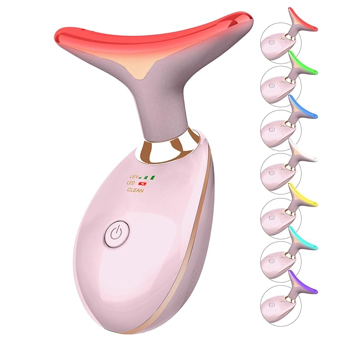 7 Color Face and Neck Massager Light Therapy, Red Light Based Facial Massager for Skin Care, Firming, Smoothing (Pink)