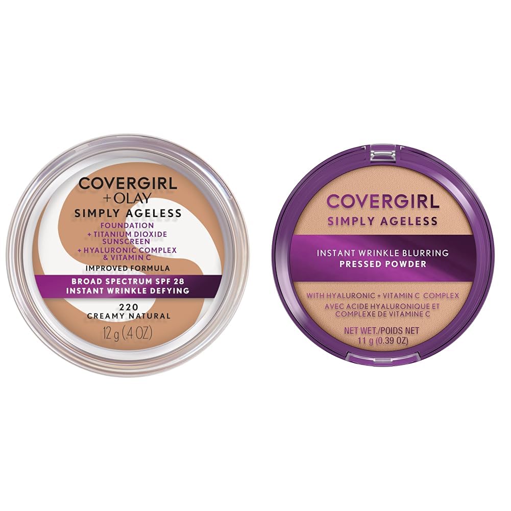 COVERGIRL Simply Ageless Instant Wrinkle-Defying Foundation Creamy Natural 0.44 Fl Oz & Instant Wrinkle Blurring Pressed Powder Classic Ivory 0.39 Oz
