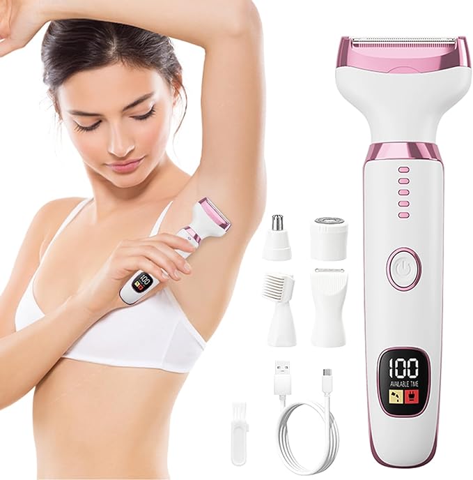 5-in-1 Electric Razor for Women - Bikini Trimmer with LED Display, Painless Hair Removal for Face, Nose, Eyebrows, Arms & Legs - Wet/Dry Rechargeable Shaver for Armpits & Pubic Area