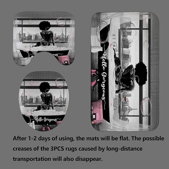 4PCS Sexy African American Women Shower Curtain Sets with Rugs, Waterproof Fabric Black White Shower Curtain, Hello Gorgeous Positive Quotes Black Girl Afro Black Woman Fashion Bathroom Decor