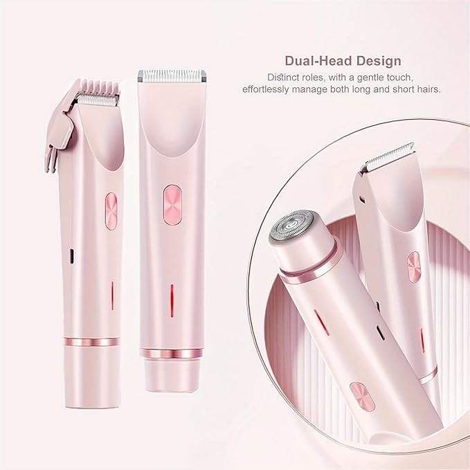 2025 Womens Shaver Dual-Head Bikini Trimmer for Women 2-in-1 Women's Body Shaver USB Charge Waterproof Painless Electric Razors for Silk Skin (Pink)