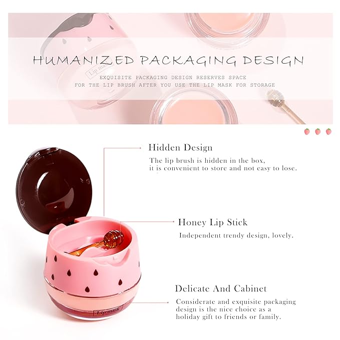 2Pcs Honey Strawberry Lip Balm Honey Pot, Strawberry Lip Sleeping Mask, Overnight Lip Sleeping Mask, Honey Balm Lip Balm Pot, Honey Lip Mask Nourish Lip Scrubs Exfoliator Honey/Strawberry