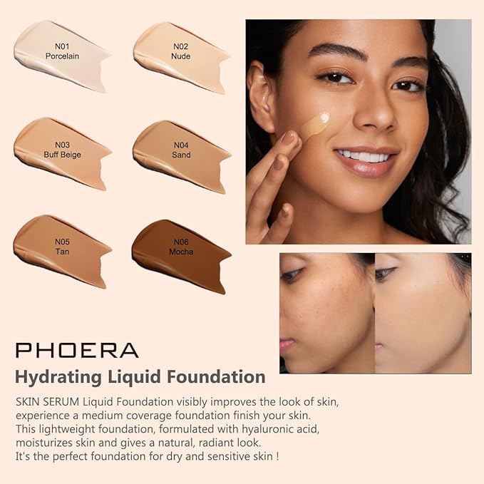 PHOERA Hydrating Essence Foundation,Waterproof and Light Long Lasting Hypoallergenic Full Coverage Hyaluronic Acid Foundation Makeup. (N03 Buff Beige)