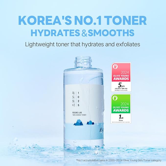 ROUND LAB 1025 Dokdo Toner 6.76 Fl Oz, Oil Control and Reduces Excess Sebum, Gentle Exfoliating Facial Toner, Deep Sea Water for Moisturization, Soft Finish Without Stickiness, Korean Skin Care