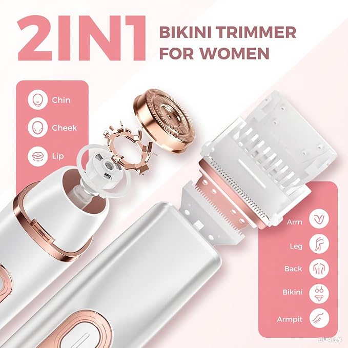 2 in 1 Bikini Trimmer for Women, Dual Head Electric Razor, IPX7 Waterproof Wet/Dry Use Women Electric Shaver, Painless Body Facial Hair Remover for Bikini Legs Arm Underarm, (White)