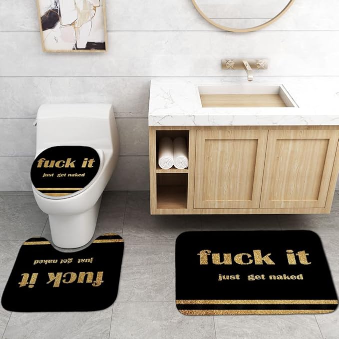 4PCS Gold Glitter Get Naked Shower Curtain Set, Funny Quote Stripe Luxury Glam Modern Dorm Bathroom Decor, Waterproof Fabric Black Shower Curtain, Non-Slip Bath Mat Toilet Rug, Just Get Naked