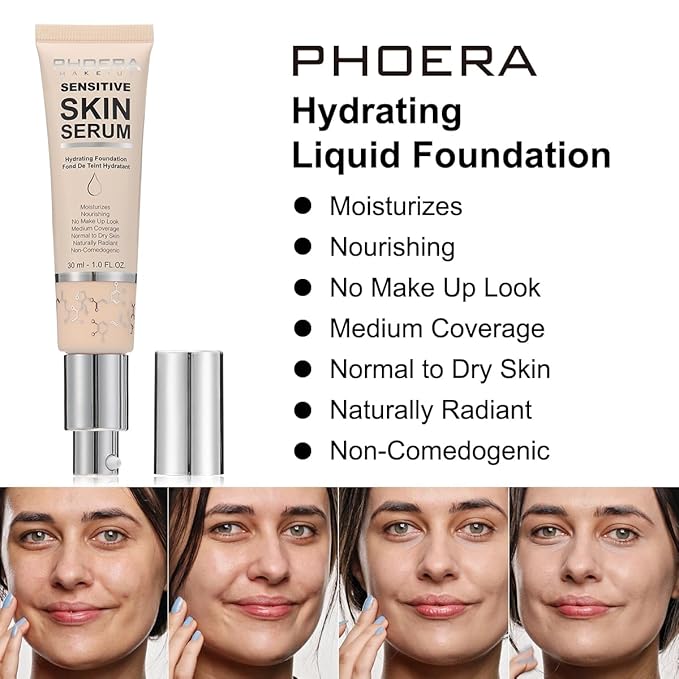 PHOERA Essence Foundation,Hydrating Waterproof and Light Long Lasting Hypoallergenic Full Coverage Foundation Serum. (N01 Porcelain)