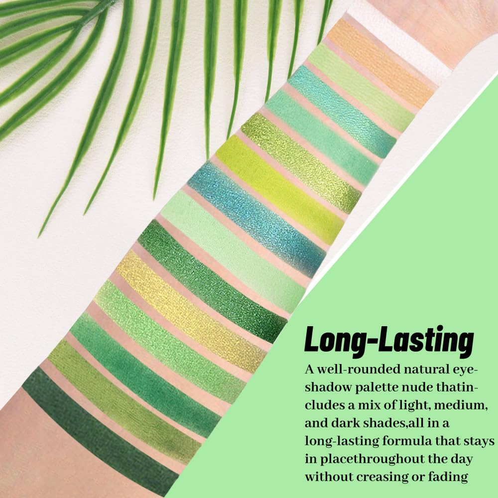 15 Colors Green Matte & Shimmer Eyeshadow Palette - Olive Teal GreenYellow DarkSeaGreen LimeGreen Pink White Eye Shadow Primers Powder for Smoky Looks, Makeup Artist Friendly, Vegan & Cruelty-Free