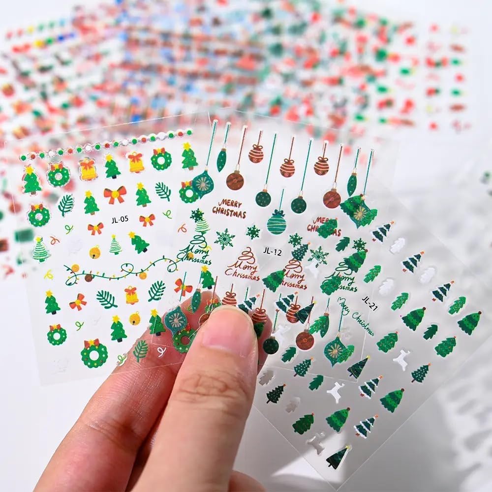 30 Sheets Christmas Nail Art Stickers 3D Self- Adhesive Snowflake Nail Charms Decals White Red Christmas Nail Decorations Accessories Supplies