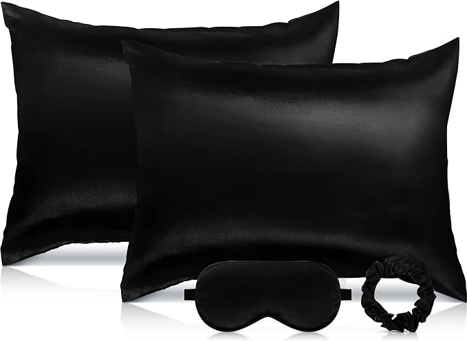 2 Pack Satin Pillowcase with Latent Zipper, Adjustable Satin Eye Mask for Sleeping and Satin Volume Scrunchie for Hair and Skin, Standard Size (Classic Style, Black)