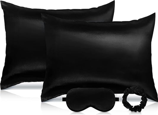 2 Pack Satin Pillowcase with Latent Zipper, Adjustable Satin Eye Mask for Sleeping and Satin Volume Scrunchie for Hair and Skin, Standard Size (Classic Style, Black)
