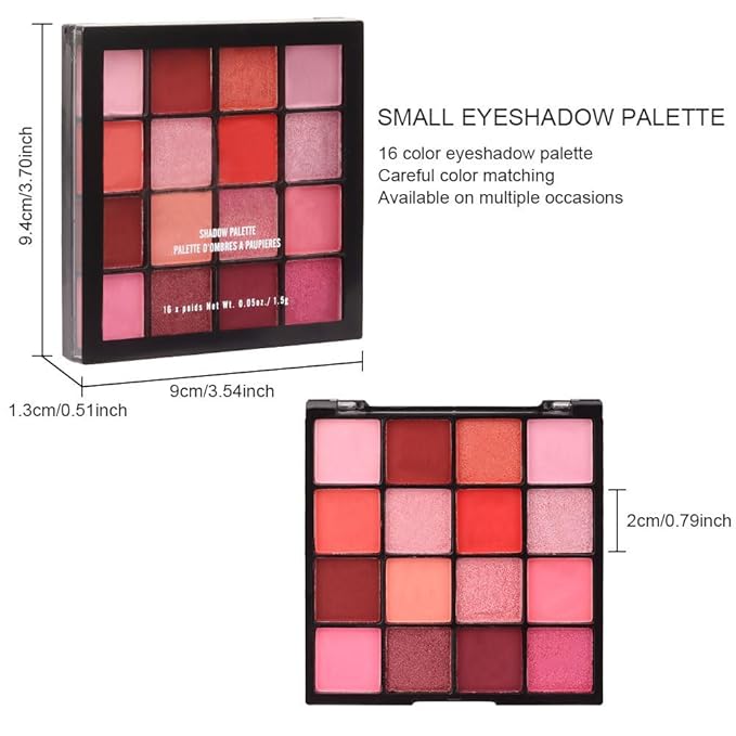 16 Girds Colorful Matte Shimmer Eyeshadow Palette for Eye Makeup,High Pigmented Eye Shadow Primers Powder Palet de sombras de ojos-Pink Red#