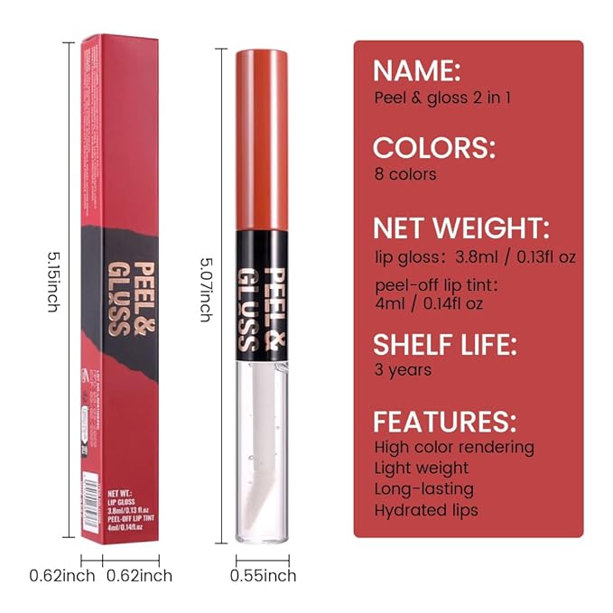 2Pcs Liquid Lip Stain Peel Off Lip liner and Lip oil with Tweezer, Dual-Ended Peel Off Lip Stain Tattoo, Highly Pigmented Long Lasting Waterproof, Transfer-proof for All Skin Types, 02#+04#