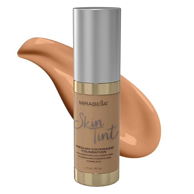 Mirabella Skin Tint Creme Liquid Foundation Makeup, Oil-Free Mineral Foundation for Medium Coverage - w/Hyaluronic Acid, Squalane, & Allantoin for All Skin Types - IIIW Warm