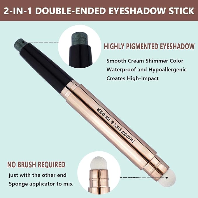 Green Eyeshadow Stick And Sponge Makeup Brush Cream Shimmer Smooth Shadow Pencil Eyeliner Long Lasting Waterproof Eye Shadow Highlighter Stick Hypoallergenic Multi-Dimensional Eyes Look ( # 11)