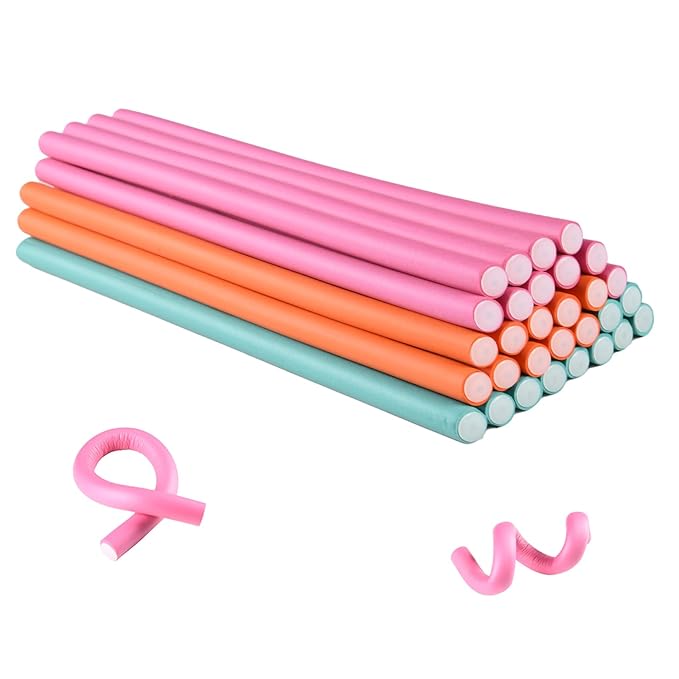 30PCS 9.45" Flexible Curling Rods,Heatless Twist Soft Foam Hair Rollers Home Use for Women Girls Long and Short Hair to Sleep in, (0.55 x 9.45 Inch, 3 Colors)