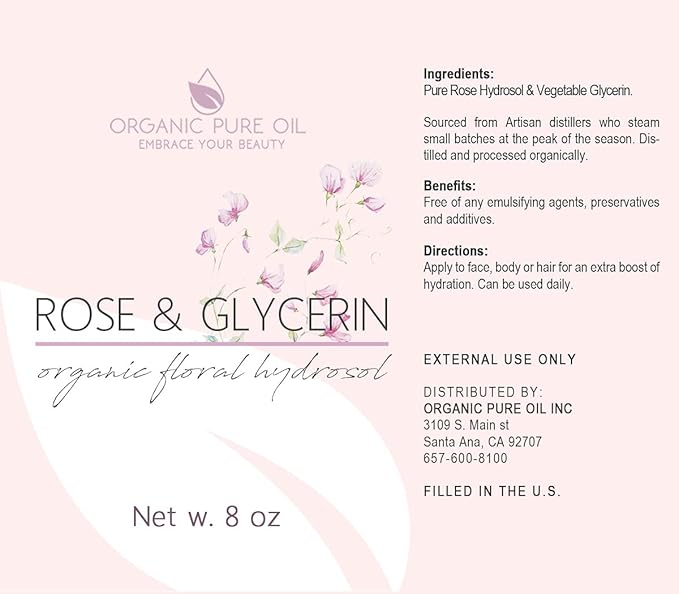 Rosewater Glycerin Mist Toner Bulk Spray Facial Body Floral Cleanser 100% Pure Rose Hydrosol and Vegetable Glycerine Moisturizing Cleansing Toning Mix for Face Skin Hair Body (8 Ounces)