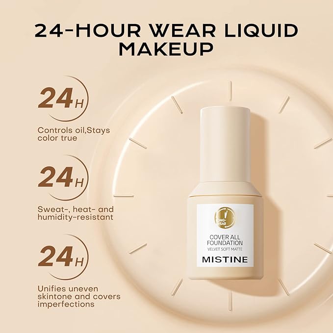 MISTINE Full Coverage Foundation Makeup for Oily Skin,24 Hour Oil Control Liquid Foundation,Skin-Caring,Moisturizing Formula,Cream Foundation,Matte Finish,Nude,1 Fl Oz