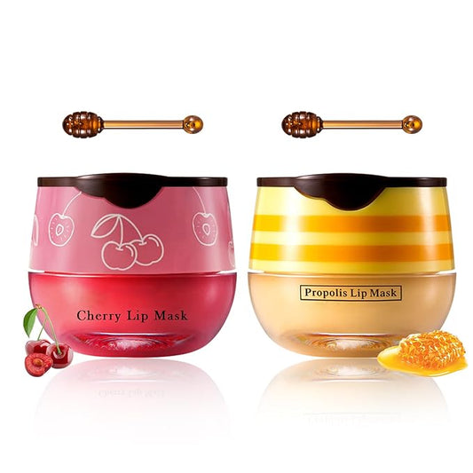 2PCS Bee Lip Balm Honey Pot Cherry Honey Lip Balm Sleeping Lip Mask Silky Hydrating Bee Lip Balm Honey Lip Mask Overnight Lip Care Products(Honey+Cherry)