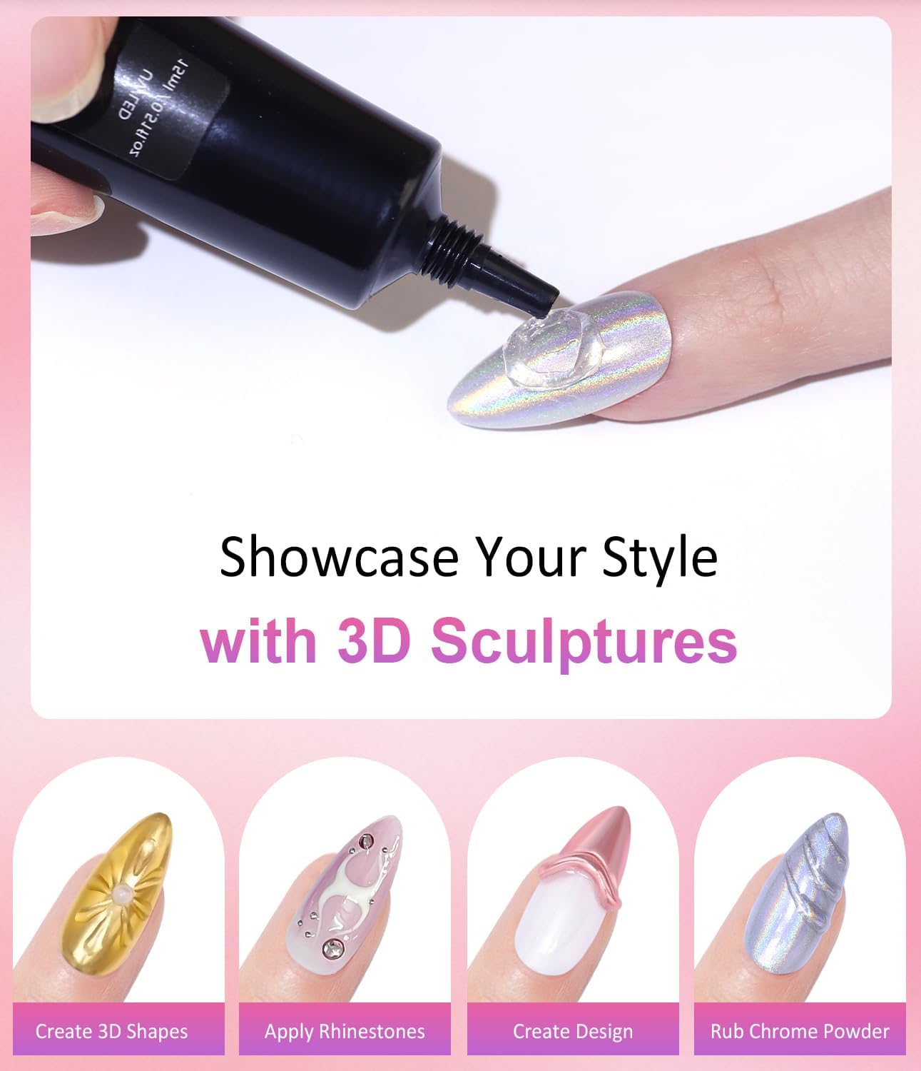 3D Nail Gel Art BISHENGYF - Rose Gold Chrome Nail Powder 15g 3D Nail Gel with Laser White Nail Powder Non-Sticky Clear 3D Sculpting for Art Home DIY