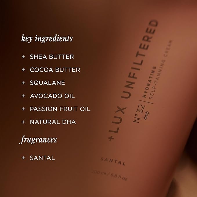 '+ Lux Unfiltered N°32 Deep Gradual Self Tanner, Hydrating Self Tanning Lotion with Shea Butter & Squalane - Non-Sticky, No Transfer, Natural-Looking Tan - Vegan & Cruelty-Free Sunless Tanner - Santal