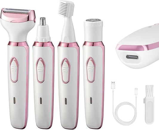 4-in-1 Electric Razor for Women - Rechargeable Painless Body & Facial Hair Remover, Bikini Trimmer for Legs, Underarm & Face, Portable Women's Shaver Set with Smooth Glide Technology