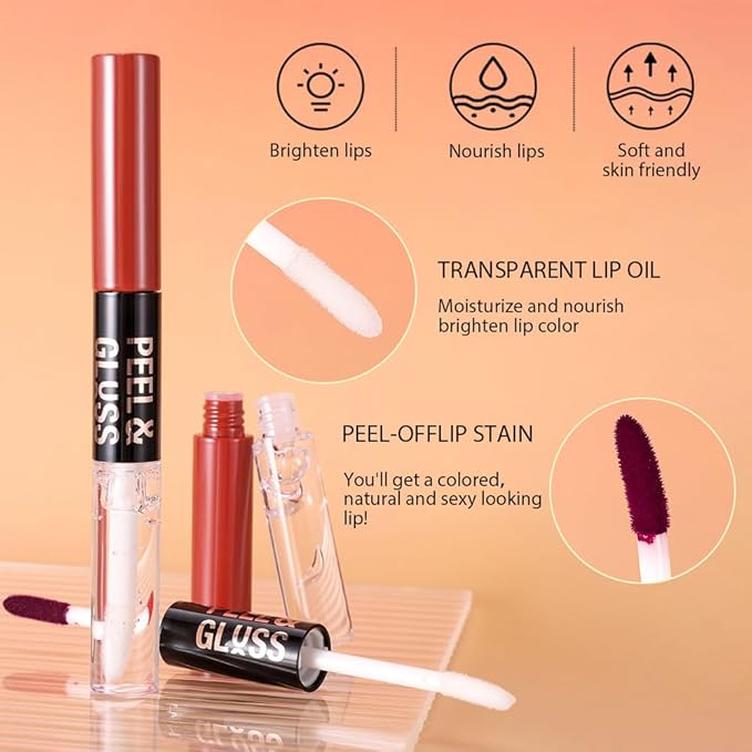 2Pcs Lip Stain Peel Off Lip Gloss oil Dual-Ended Combo, Lips Liner Stain Peel Off Masque, Long Lasting & Waterproof, Transfer-Proof Lip Tint Stain with Lip oil for All Skin Type 02#+03#